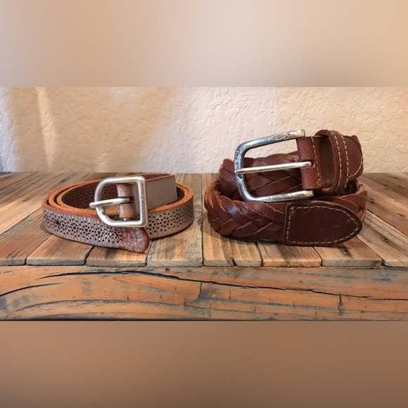 2 American Eagle Leather Belts: Brown Braided Belt (30) & Silver Skinny Belt (S) - Picture 2 of 13